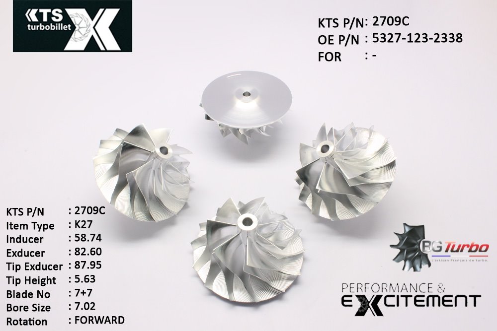 Turbo ROUE FORGÉE MFS PERFORMANCE - 7+7 PALES - INDUCER : 58,74 - EXDUCER : 82,6 - TYPE : K27ANGLE : 60° - ROTATION : Forward - SUPER BACK : 3,4 - BORE SIZE : 7,02
